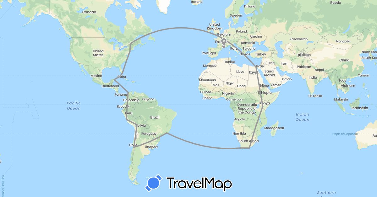 TravelMap itinerary: driving, plane in Bolivia, Brazil, Canada, Chile, Colombia, Cuba, Egypt, France, Kenya, Mexico, Peru, United States, South Africa, Zimbabwe (Africa, Europe, North America, South America)
